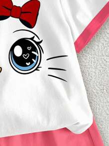 SHEIN Leap Crew Cute Cartoon Cat Face & Bow Print Young Girl Casual Minimalist Short Sleeve T-Shirt & Shorts 2 Pieces Set, Suitable For Summer - Multicolor - View 5