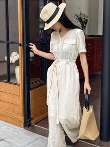 DAZY Elegant V-Neck Wide Leg Palazzo Jumpsuit For Women Linen - Beige - View 6