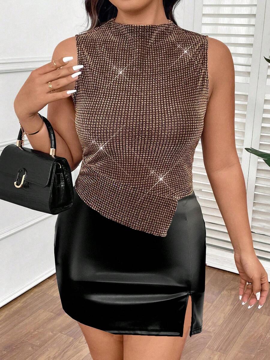 SHEIN Frenchy 大码女式时尚不对称下摆闪亮无袖立领背心