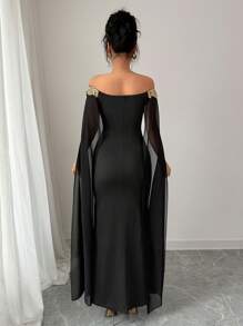 Rafferiza 性感、优雅、百搭日常金色花卉装饰露肩透视披肩、合身腰部金色贴花长款美人鱼下摆紧身连衣裙，适合女士，春夏季 - 黑色 - 查看 2