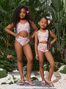 SHEIN SLAYR KIDS Young Girl's Knitted Flower Print One-Piece Swimsuit For Vacation