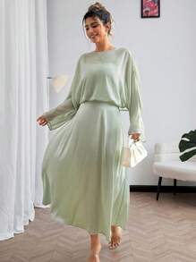 SHEIN Clasi Plus Size Women Elegant Plain Semi-Sheer Chiffon And Glossy Fabric Long Sleeve Dress, Suitable For Spring And Summer, Graceful Chiffon Dress, Sexy Semi-See-Through Dress, Office Dress, Casual Dress Fall Cloth For Women - Green - View 6
