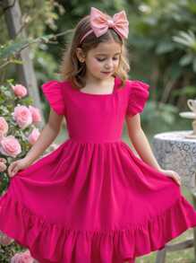 SHEIN Leap Crew 年轻女孩编织纯色荷叶边领紧身连衣裙