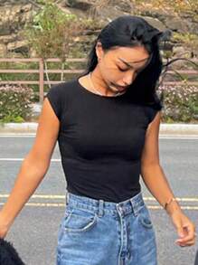 Strévra Maglietta basic da donna senza maniche, aderente, nera, casual