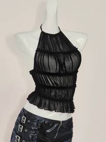 SHEIN ICON Solid Color Sexy Halter Backless Mesh Sheer Back Camisole,Rave Top,See Through Top - Black - View 3