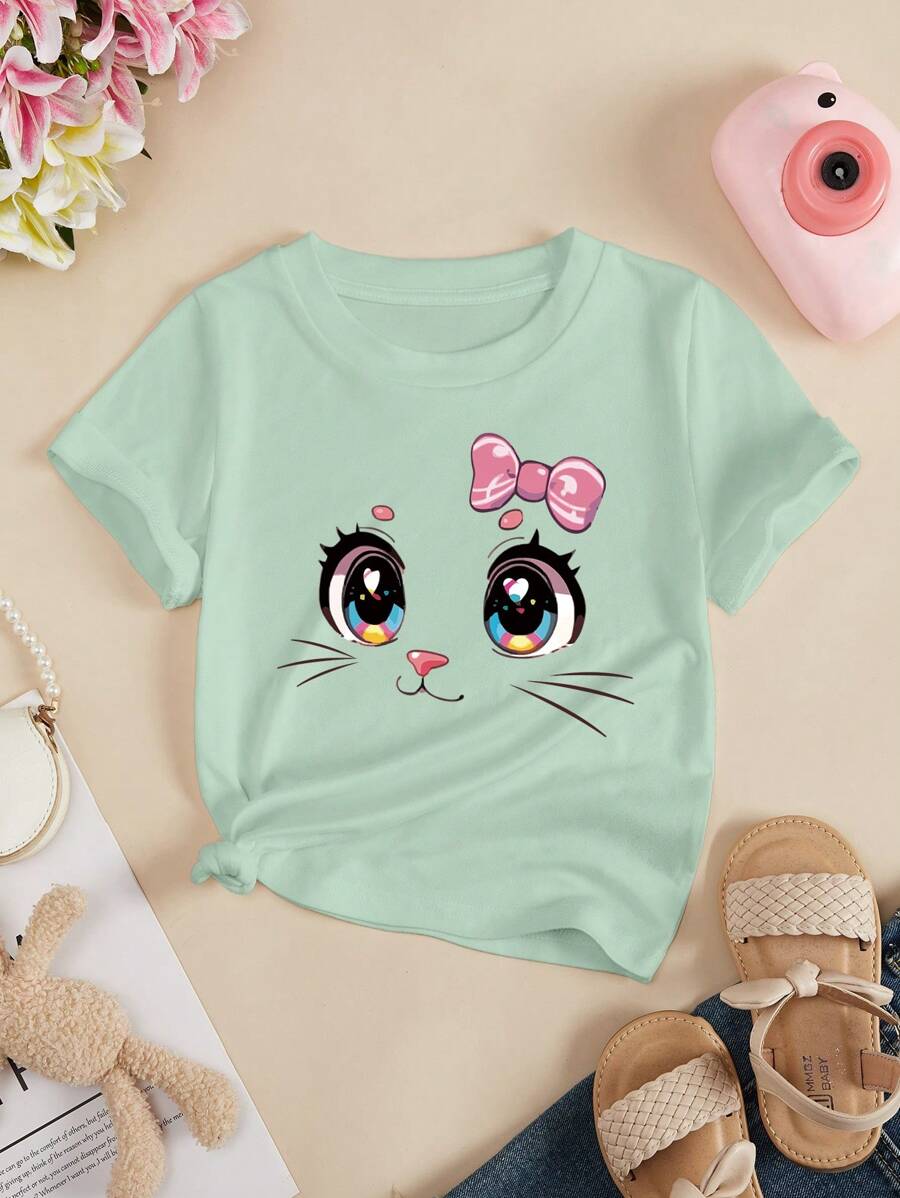 Girls' Lightweight Loose Fit Casual Graphic Tee With Anime Cat Eyes Print, Versatile For School, Daily Wear, Hangout With Friends, Cute & - Mint Green - View 1