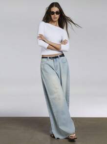 Athîral Áo Crop Top Tay Dài Cổ Thuyền Màu Trơn Cho Nữ - trắng - Xem 2