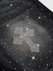 ROMWE MEN Street Life Shorts vaqueros de verano de moda para hombres con detalles de piedras rhinestone - Negro - Ver 3