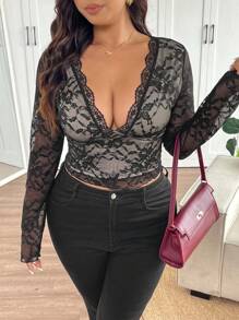 SHEIN Frenchy Women Plus Size V-Neck Lace Patchwork Blouse, Sexy Semi-Sheer Black Lace Top