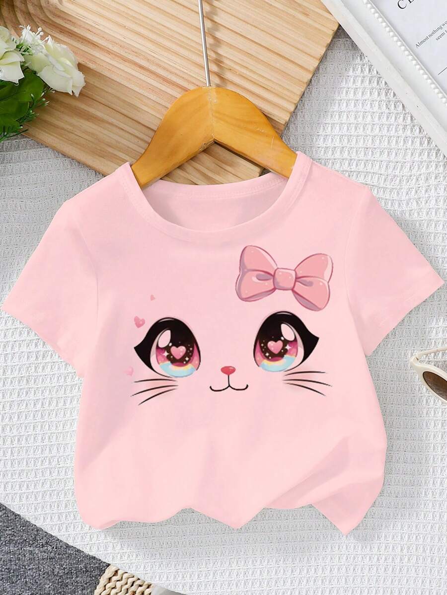 Baby Girl Cute Cat Head Print Round Neck Short Sleeve T-Shirt, Kawaii Style Suitable For Summer, Anime Elements - White - View 1