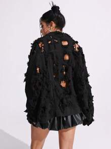 SHEIN EZwear Women's Long Sleeve Button-Down Ripped Casual Denim Jacket