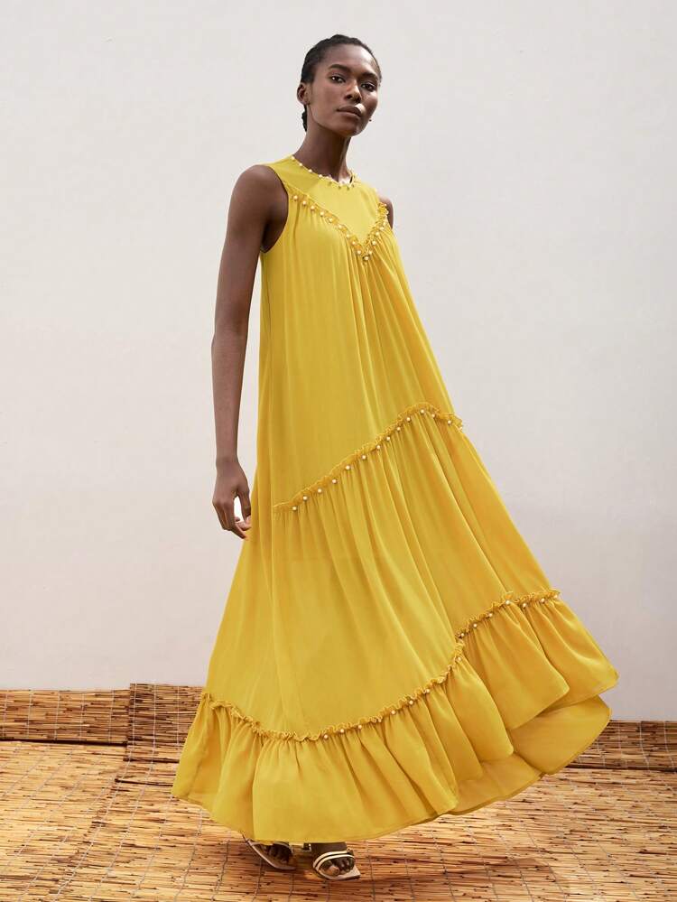 SHEIN Maija Women Plus Size Ruffle Hem A-Line Dress, V-Neck Oversized Casual Dress With Pearl Decor, Fashion & Versatile For Spring & Summer