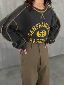 FRIFUL 1件女士宽松撞色字母印花长袖T恤 - 灰色 - 查看 4