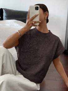 Siren Gaze Women Floral Pattern Round Neck Loose Knit Short Sleeve Top,Knitted Sweater Brown