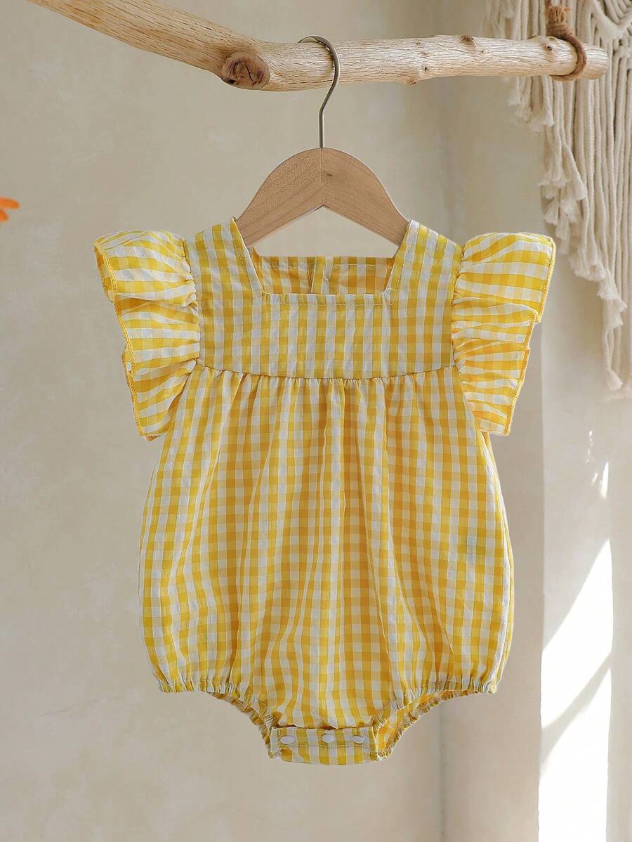 Vintaside Kids 1 Bộ đồ liền thân tay lửng họa tiết kẻ caro xanh lá cây cho bé gái. Chất liệu vải mềm mại, thoải mái, phong cách công chúa dễ thương, thích hợp mặc ngoài trời mùa xuân/hè, hàng ngày, du lịch - Màu vàng - Xem 1
