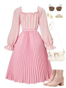 SHEIN Teen Girls' Colorblock Ruffle Trim Square Neck Long Sleeve Pleated Hem Elegant Dress