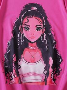 Girls Beauty Graphic Short Sleeve Round Neck 2pcs Set - Hot Pink - View 4