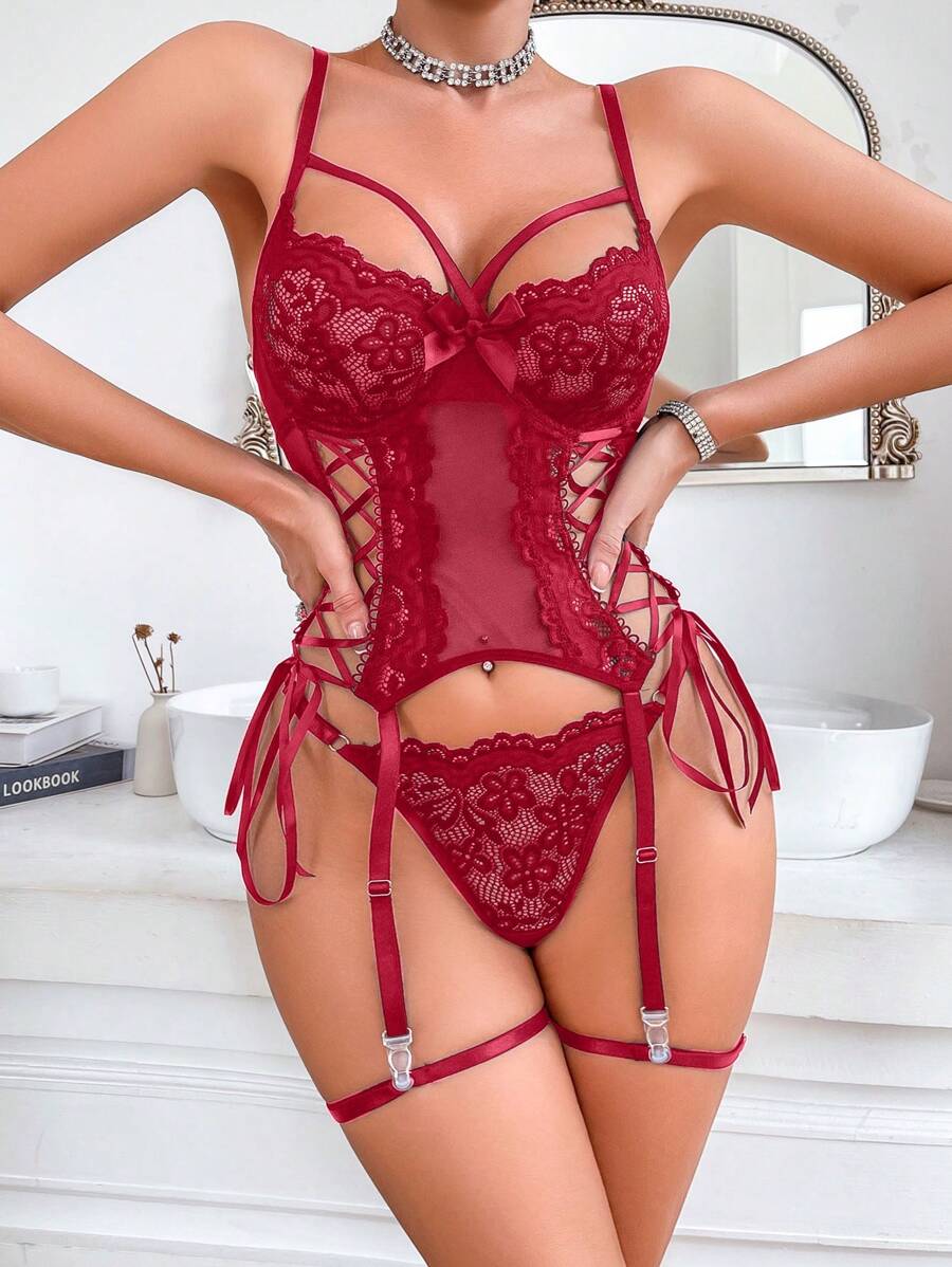 4pcs Set Women's Sexy Lace Contrast Mesh Garter Lingerie Sets For Going Out - Burgundy - View 1