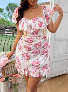 DreamSkyne Vestido corto ajustado de verano para mujer de tallas grandes, romántico y elegante, con estampado de gasa de hombros descubiertos y volantes en el bajo - Multicolor - Ver 10