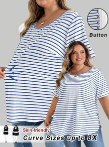 SHEIN CURVE+ 大码条纹印花圆领短袖休闲 T 恤，适合日常穿着和旅行