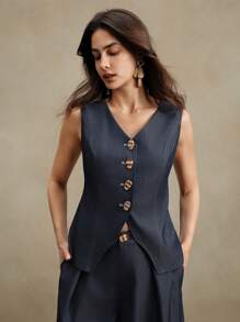 Anewsta Bộ vest vest thời trang mới mùa xuân/hè cổ điển cho nữ, công sở thường ngày - Màu xanh hải quân - Xem 5