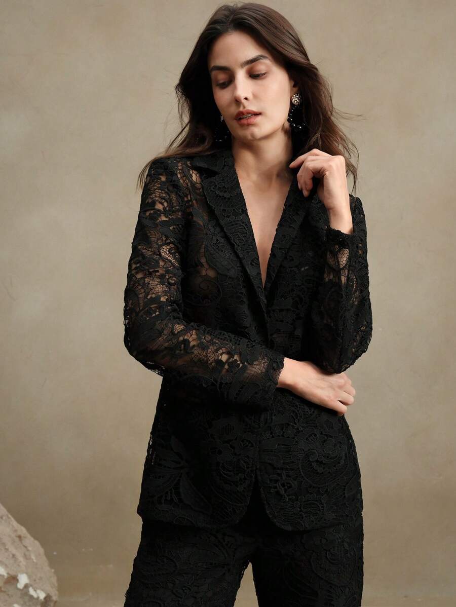 Anewsta Spring, Holiday, Casual, Festival, Vacation, Old Money 2pcs High-End Fashion Women Lace Suit Jacket And Pants Set For Holiday Party Clothes