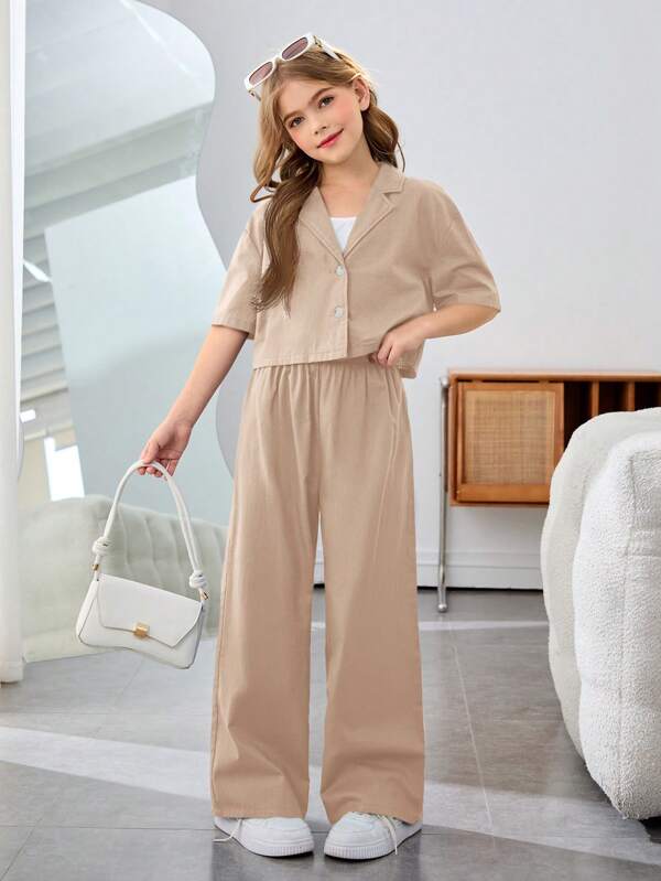 SHEIN Conjunto de moda informal y elegante de Nova Glow para niñas preadolescentes, con camisa de manga corta de cuello de solapa y unicolor tejido.
