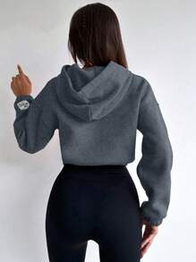 EURMUSE Cotton Ladies' Hooded Sweatshirt With Letter Print And Drop Shoulder Long Sleeves - Dark Grey - View 2