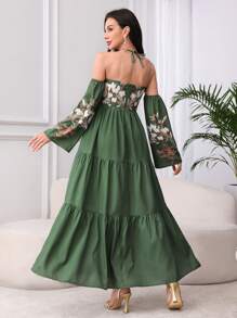 Modelyn 女士长款系带腰部图案 A 字型优雅浪漫度假连衣裙 - 橄欖綠 - 查看 2