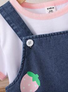 Conjunto de vestido de verano para niña bebé con diseño de fresa, cuello redondo, mangas cortas blancas y tirantes de mezclilla - Multicolor - Ver 4