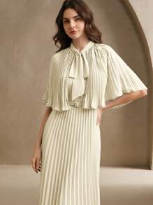 Anewsta Vestido casual y elegante azul con lazo frontal y pliegues, con bufanda, adecuado para la primavera y festivales