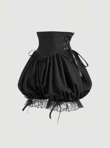 SHEIN MOD 黑色梦幻浪漫奢华荷叶边短裤，蝴蝶结装饰，腰带拼接，交叉系带，适合约会、派对、节日、茶会、生日、女士夏季、复活节、女士海滩、女士度假、夏季、女士音乐会、锐舞、女士巡航装、Y2K、女士节日 - 黑色 - 查看 1