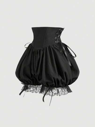SHEIN MOD Women's Black Summer 70s Goth Party Ruffle Trim Shorts,Luxurious Bow Accent,Waistband Patchwork,Cross Tie,Y2k Festival Rave Cruise Attire