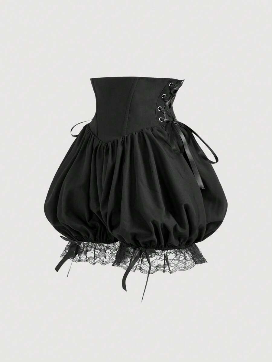 SHEIN MOD 黑色梦幻浪漫奢华荷叶边短裤，蝴蝶结装饰，腰带拼接，交叉系带，适合约会、派对、节日、茶会、生日、女士夏季、复活节、女士海滩、女士度假、夏季、女士音乐会、锐舞、女士巡航装、Y2K、女士节日 - 黑色 - 查看 1