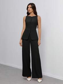 SHEIN Tall Women's Solid Color Round Neck Single-Breasted Vest And Pants Elegant Commuter Suit, Summer Fall Women Clothes Women Set Office Wear Business Casual Women Two Pieces Outfits Fall Women Office Wear Women Set Women Blazers Set,Business Casual Woman - Black - View 6