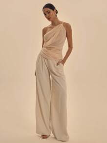 MUSERA Asymmetric Neck Extreme Cut Out Gathered Chiffon Top Spring Elegant Vacation Club Occasion Cute Sexy Romantic Ibiza Fits Holiday Graduation Wedding Guest Going Out Tops ,Elegant - Apricot - View 5