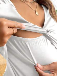 SHEIN Maternity & Nursing Solid Color Twist Front Short Sleeve Top, For Summer
