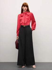 BizChic 2025 Summer New Red Polka Dot Stand Collar Oversized Bow Lady's Top, Summer For Business Casual, Daily Commute, Elegant, Holiday, Wedding Guest, Country Music Festival, Brunch, Airport Lounge, 257S Old Money Stockholm Style, 4th Of July