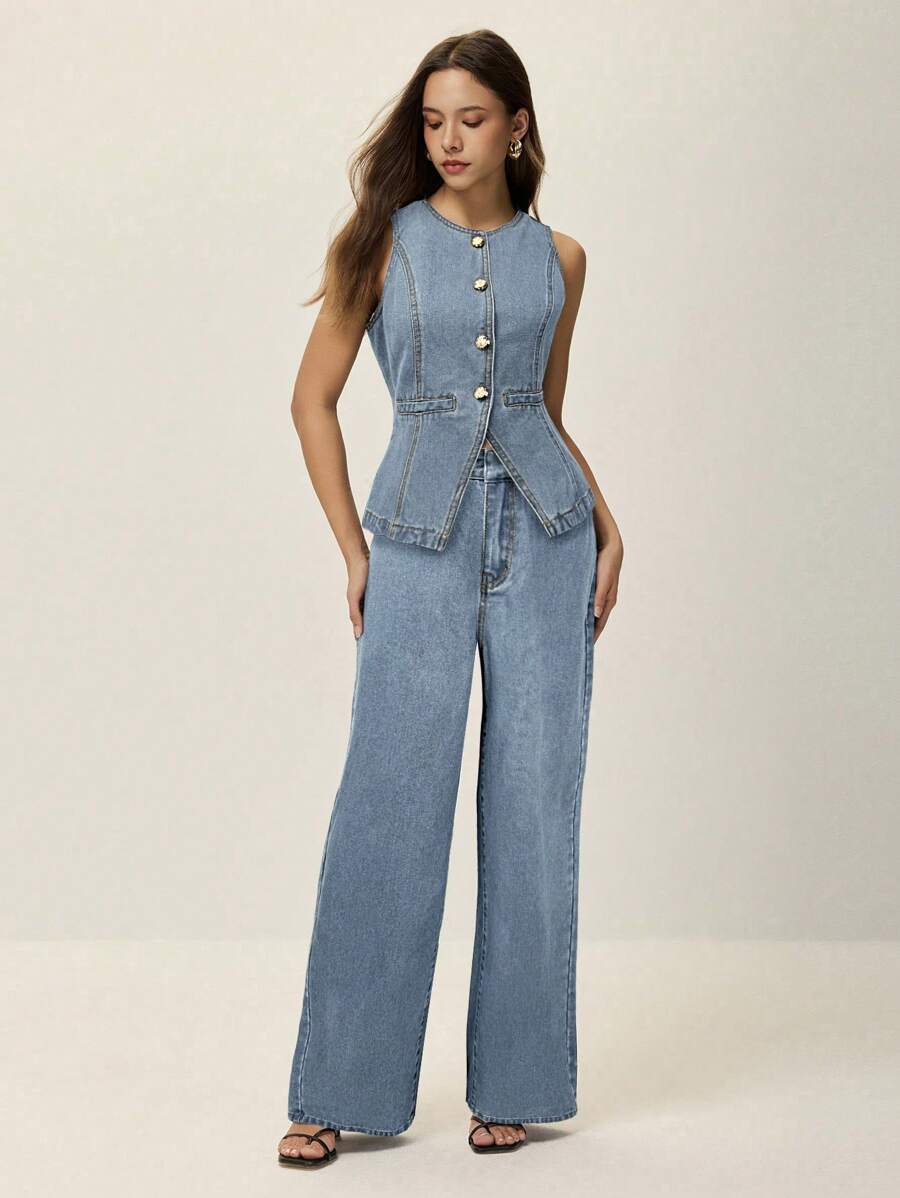 Poéselle Women's Casual Denim Vest And Pants Two Pieces Set, Fall Women Clothes - Light Wash - View 1