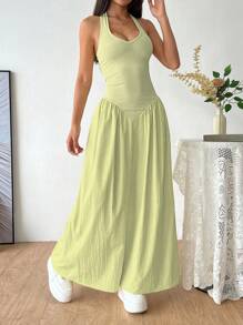 Vestido con cuello en V profundo francés, espalda descubierta, cintura con lazo y plisado, sexy - Verde Oliva - Ver 5
