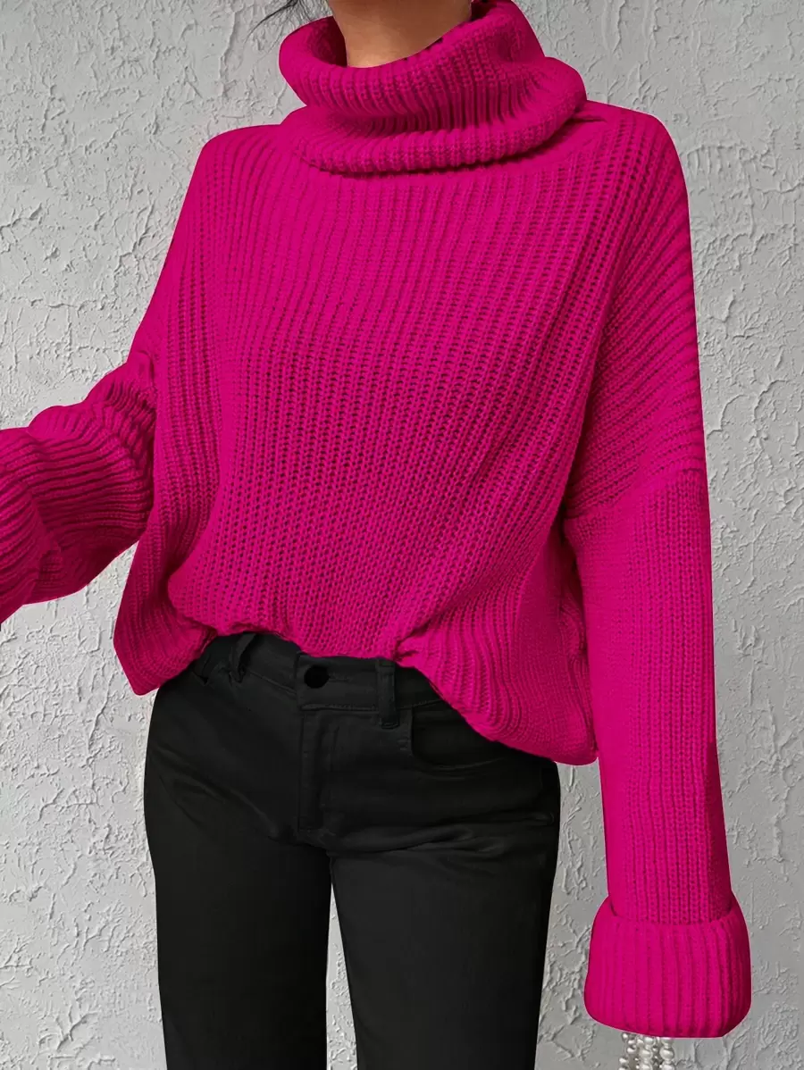 EURMUSE Solid Color Turtle Neck Batwing Sleeve Sweater - Hot Pink - View 1