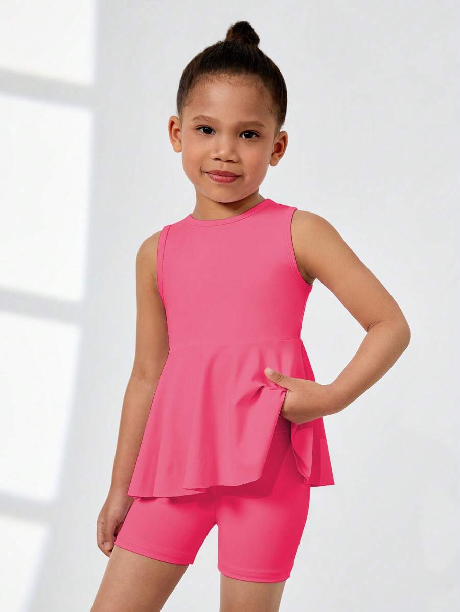 SHEIN 2pcs Girls Outfit - Solid Color Sweet & Cute Casual Short Sleeve Dress And Leggings Set, Suitable For Daily Wear, Festivals And Vacation, Summer Season, School, Campus, College - Hot Pink - View 1