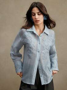 Anewsta 女士新款春夏欧根纱水溶性花卉刺绣贴花休闲及办公衬衫 - 藍色 - 查看 5