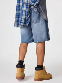 PAVTROS Quần short denim rộng rãi thường ngày có túi vá chéo dành cho nam - Rửa trung bình - Xem 2