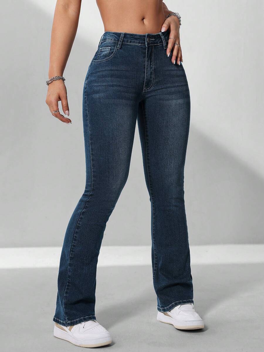 SHEIN ICON Quần Jeans Ống Loe Lưng Thấp Ôm Vừa Vặn Thường Ngày Cho Nữ - Rửa tối - Xem 1