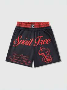 ROMWE MEN Street Life Men's Gothic Cross & Slogan Print Drawstring Waist Shorts, Halloween - Black - View 1