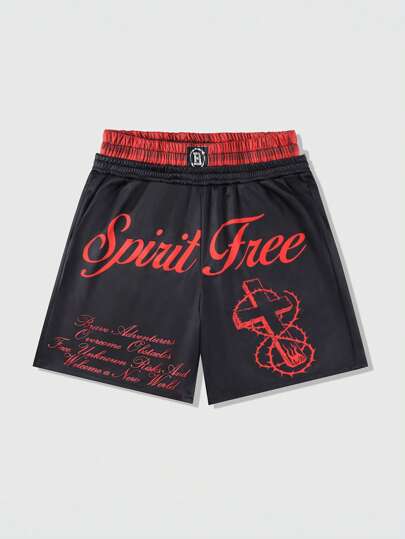 Street Life Pantalones cortos con cordón en la cintura, estampado de cruz gótica y eslogan, para Halloween