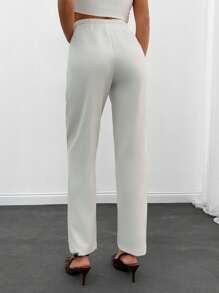 EURMUSE ELASTICAL MID WAIST PLEATED STRAIGHT LONG PANT - White - View 2