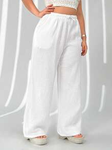 SHEIN EZwear Plus Size Women Beach Vacation, Brunch For Women, White Casual Drawstring Pockets Wide Leg Pants, Spring Summer - White - View 6