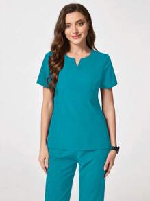 SHEIN TaskFit 女士纯色 V 领短袖上衣和裤子护理手术服套装 - 水鴨藍 - 查看 4